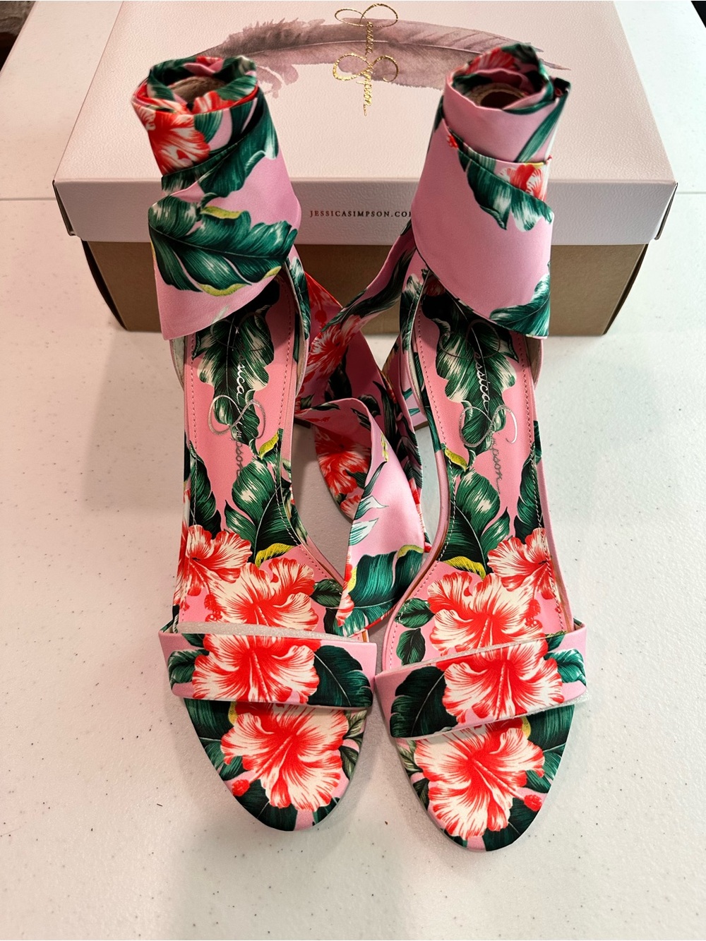 Jessica Simpson Pink Floral Ankle-Tie Heels